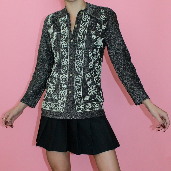VTG 70s Black/Cream Glittery Metallic Floral Beaded Button-Up Disco Shirt - Picture 5 of 14